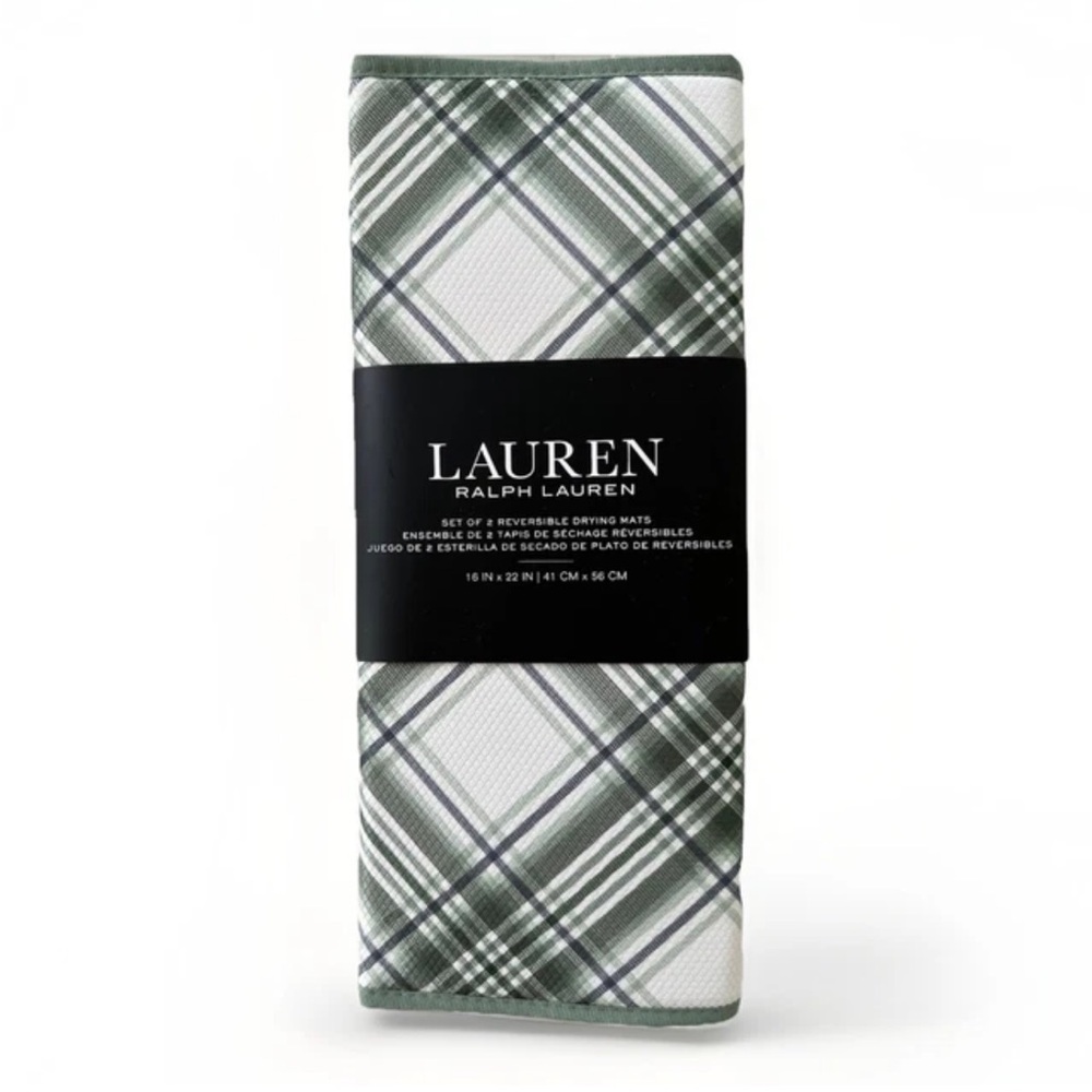 RALPH LAUREN Green Plaid Set of 2 Reversible Dish Drying Mats Home Decor NWT